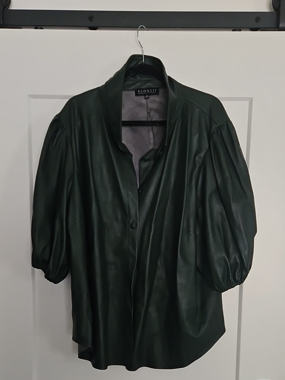 Eloquii Forest Green Faux Leather Puff-Sleeve Shirt Jacket